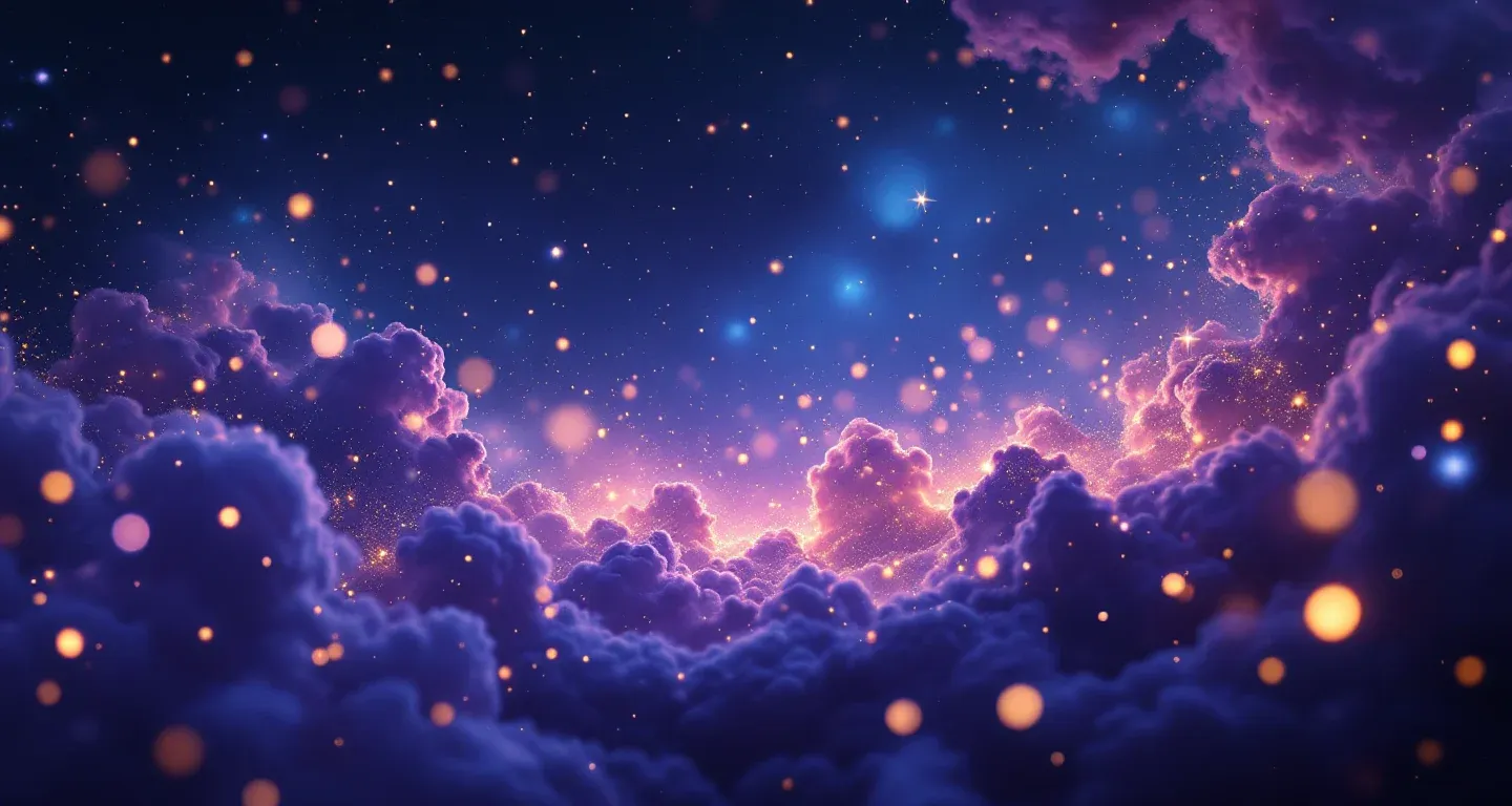 Escena onírica atmosférica con una nebulosa morada-magenta y estrellas doradas, que representa el símbolo de soñar con una manta.
