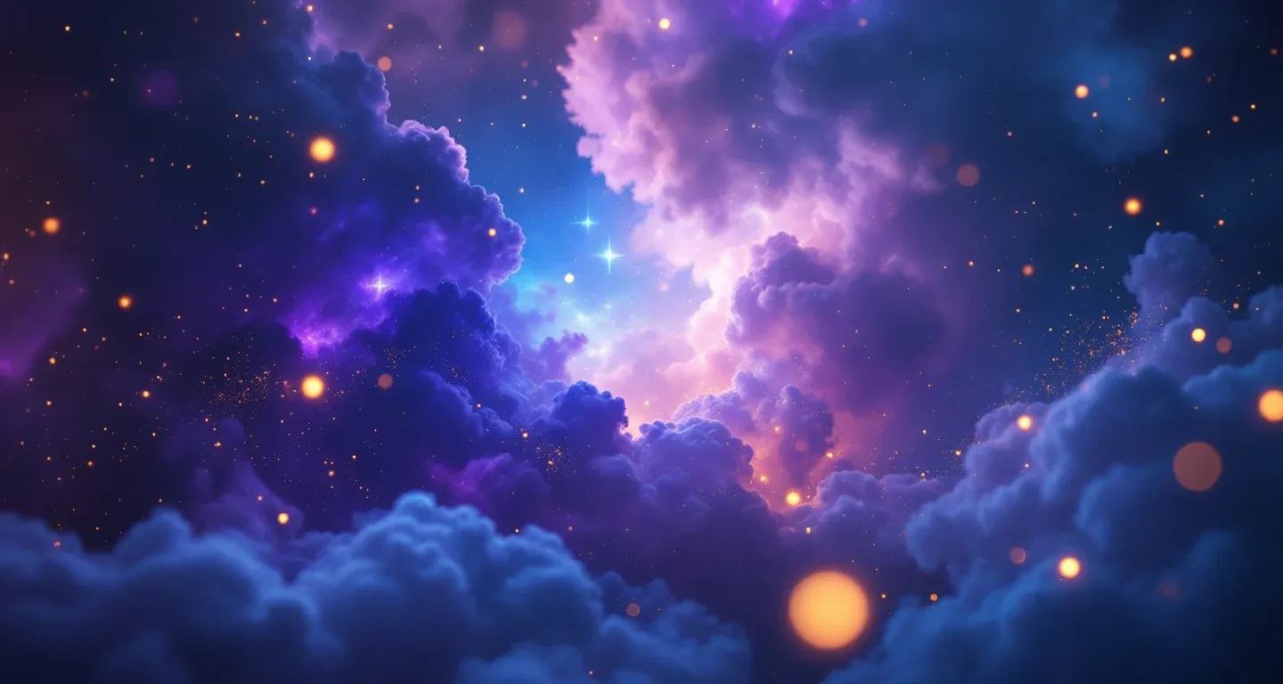 Escena onírica atmosférica con nebulosas moradas y magenta y estrellas doradas, que representa el símbolo de ver que hay una fiesta religiosa en sueños.