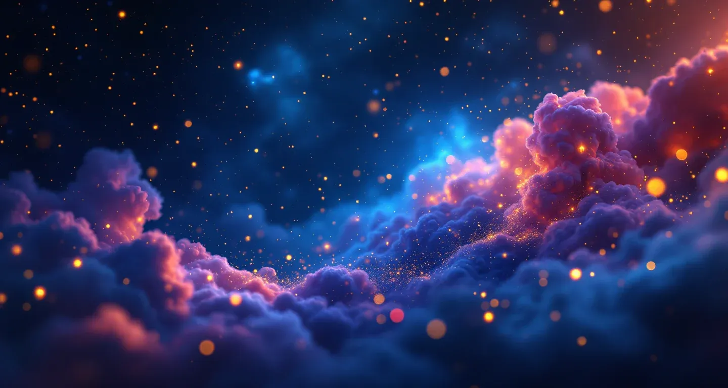 Escena onírica atmosférica con nebulosa morado-magenta y estrellas doradas que representa el símbolo de amamantar a un bebé en sueños según Ihya.