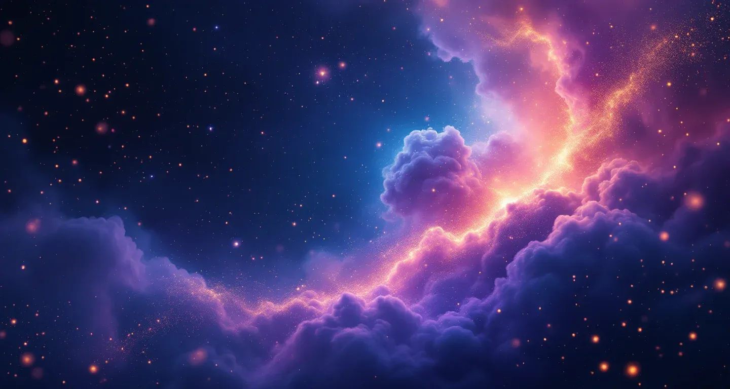 Cena onírica atmosférica com névoa roxa-magenta e estrelas douradas, representando o símbolo de ver uma cabeça separada do corpo.