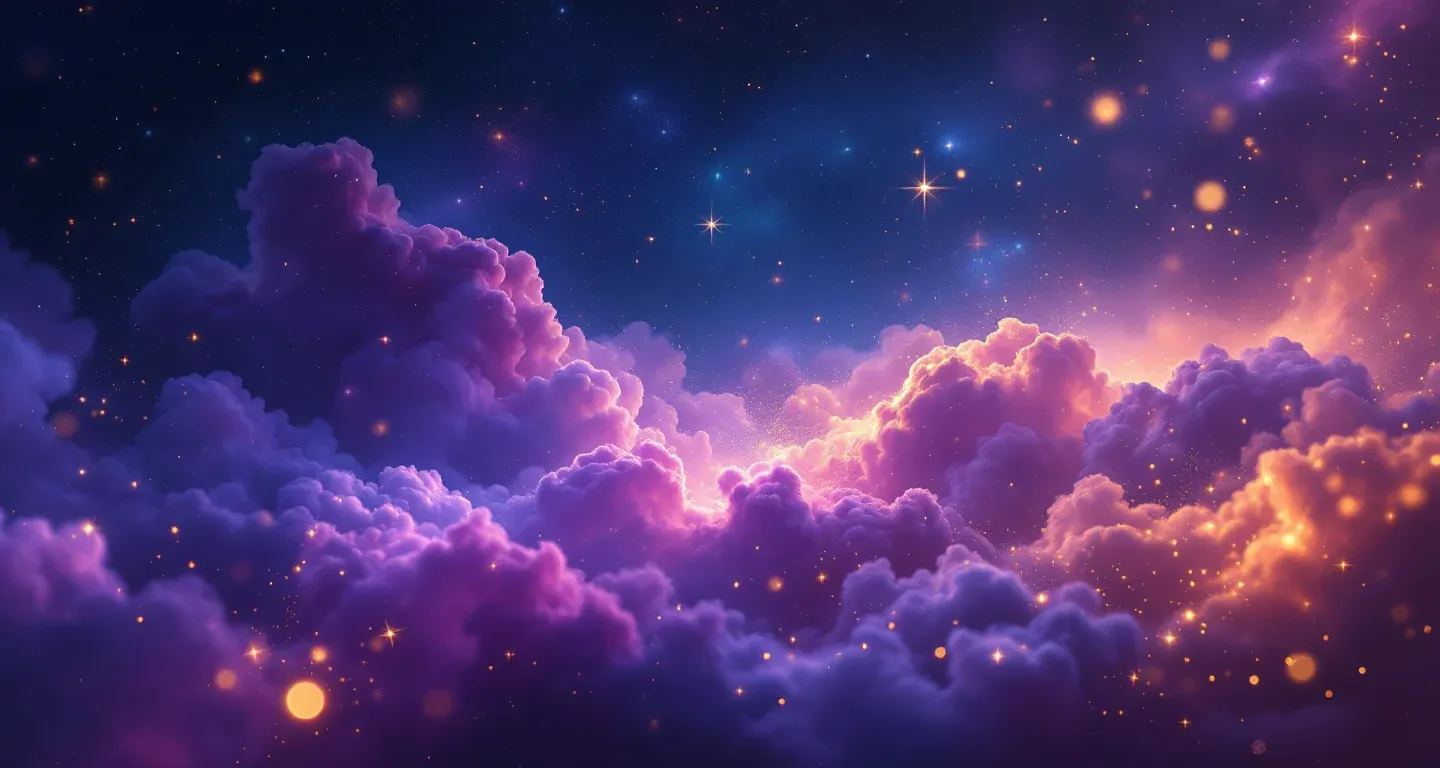 Escena onírica atmosférica formada por una nebulosa morado-magenta y estrellas doradas, que representa el símbolo de ver la parte superior del cuerpo descubierta en un sueño.