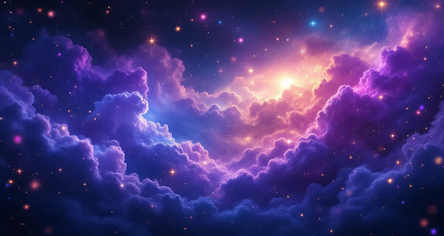 Escena onírica atmosférica con nebulosa morado-magenta y estrellas doradas, que representa el símbolo de soñar que hablas con el alcalde.