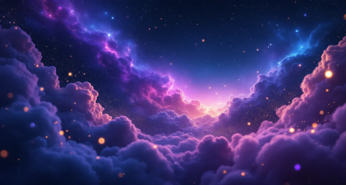 Escena onírica atmosférica con nebulosa morado-magenta y estrellas doradas que representa el símbolo de ver un caballo blanco en sueños.