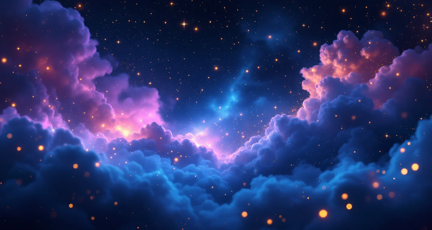 Rüyada Bıçaklanmak Görmek sembolünü temsil eden, mor-magenta bulutsu ve altın yıldızlardan oluşan atmosferik rüya sahnesi.