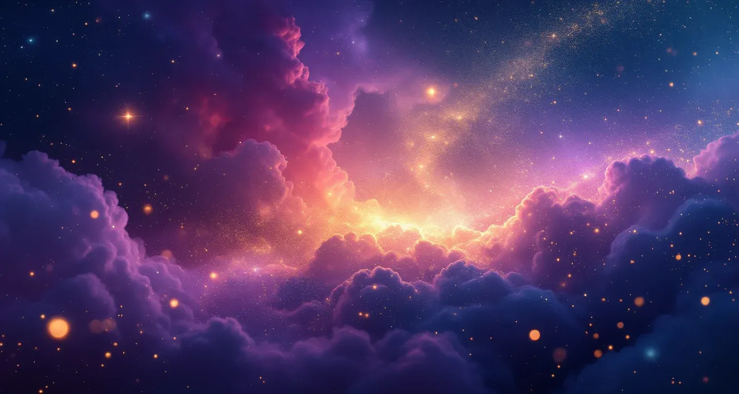 Escena onírica atmosférica con nebulosas morado-magenta y estrellas doradas que representa el símbolo de Ver a un hombre orinando en sueños.