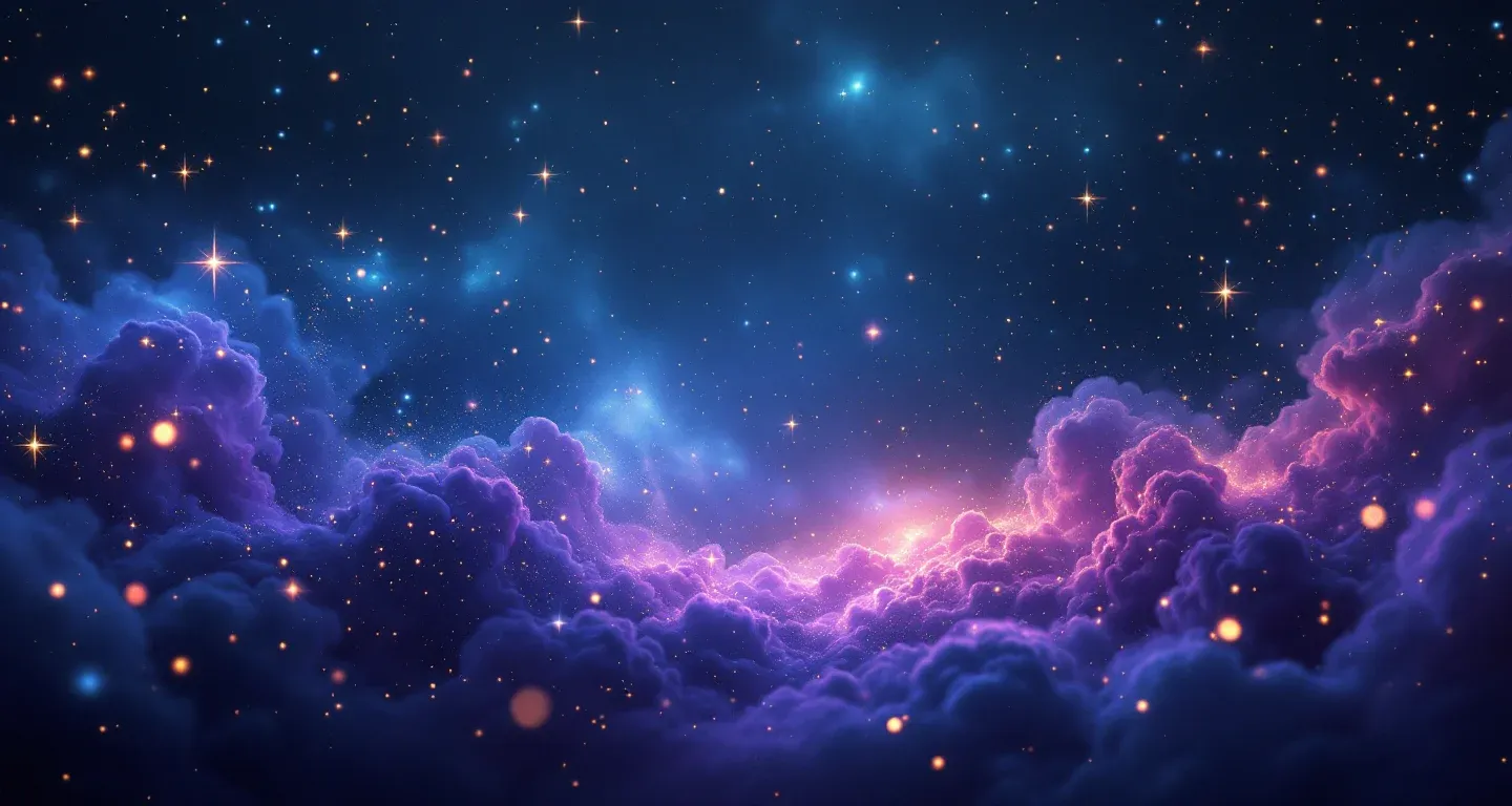 Escena onírica atmosférica con una nebulosa morada y magenta y estrellas doradas, que representa el símbolo de ver que un lugar está ardiendo en sueños.