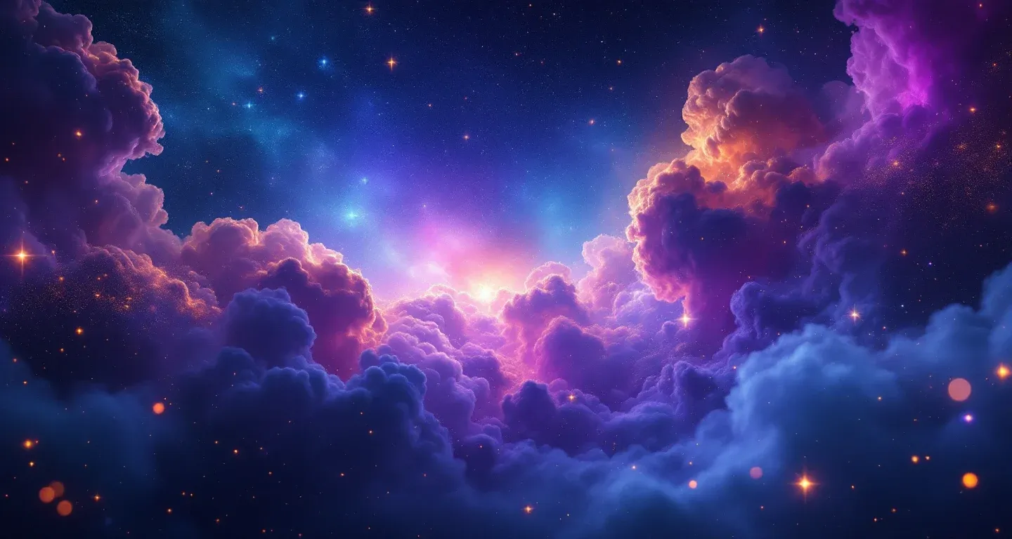 An atmospheric dream scene of violet-magenta nebulae and golden stars representing the symbol of running away from someone in a dream.