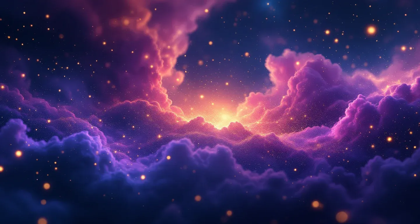 An atmospheric dream scene of purple-magenta nebulae and golden stars representing the symbol of seeing someone having a heart attack in a dream.