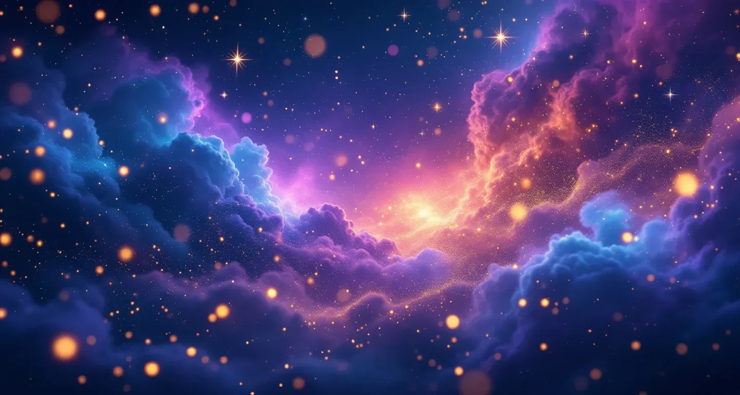 Escena onírica atmosférica con una nebulosa morado-magenta y estrellas doradas, que representa el símbolo de ver que alguien te escupe en sueños.
