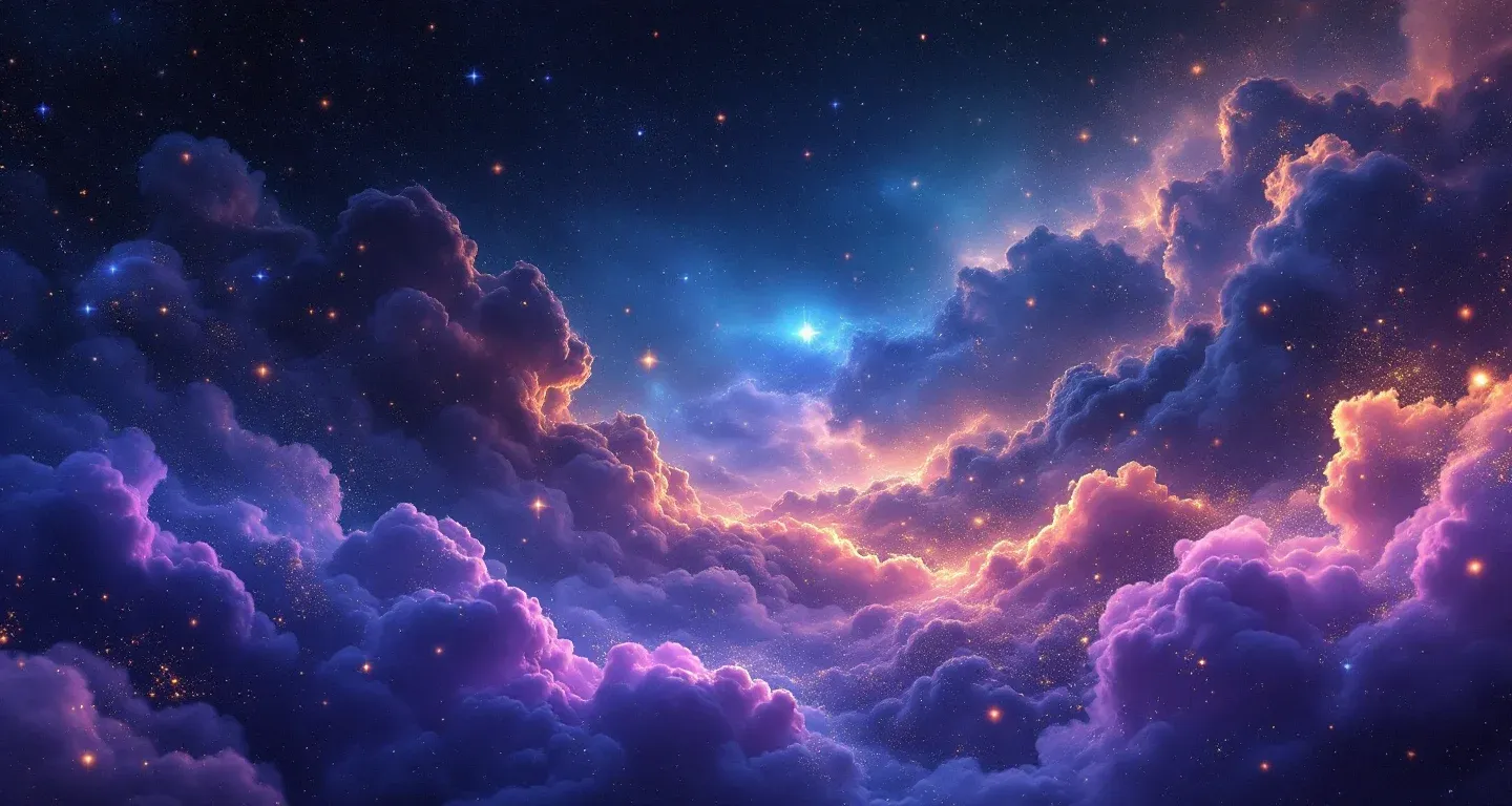 Escena onírica atmosférica con nebulosas moradas y magenta y estrellas doradas, que representa el símbolo de soñar que alguien habla mal de ti.