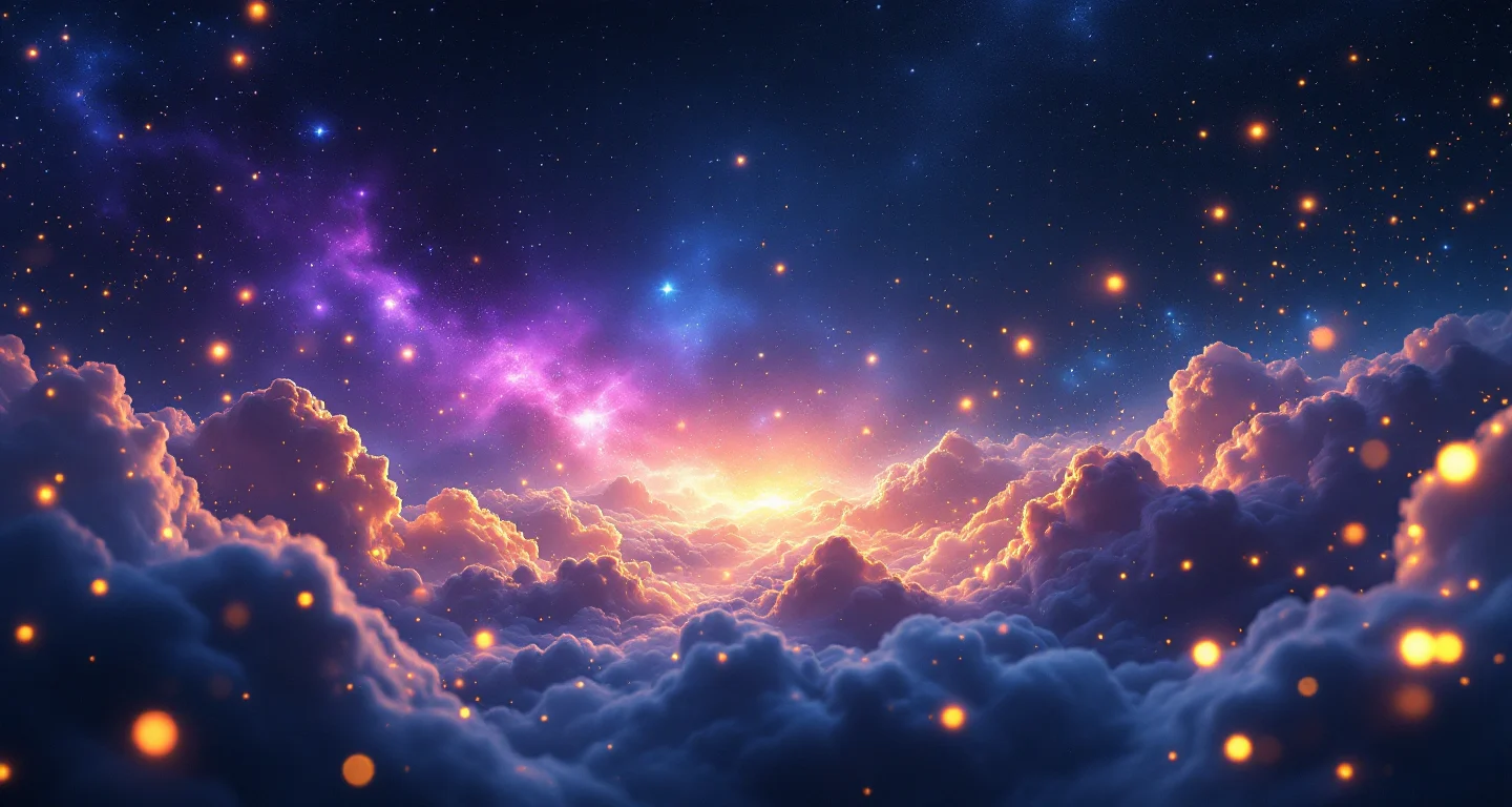 Rüyada Biriyle Konuşarak Yürümek sembolünü temsil eden, mor-magenta bulutsu ve altın yıldızlardan oluşan atmosferik rüya sahnesi.