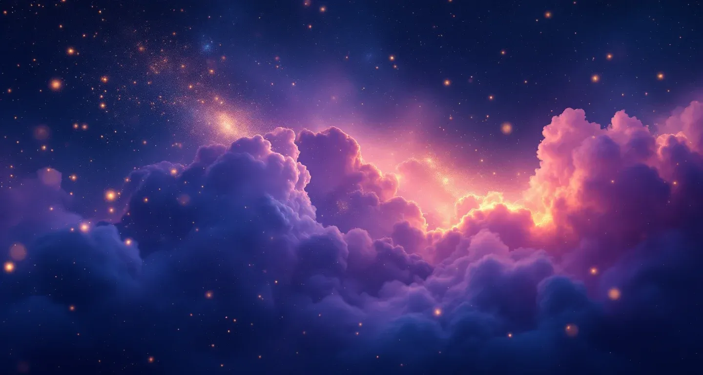Escena onírica atmosférica formada por una nebulosa morado-magenta y estrellas doradas que representa el símbolo de Soñar con una Mujer con Bigote.
