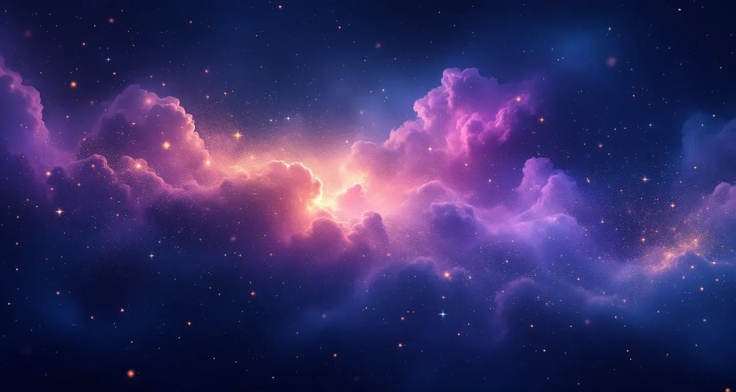 Escena onírica atmosférica con nebulosa morada-magenta y estrellas doradas que representa el símbolo Ver agua con heces en un sueño.
