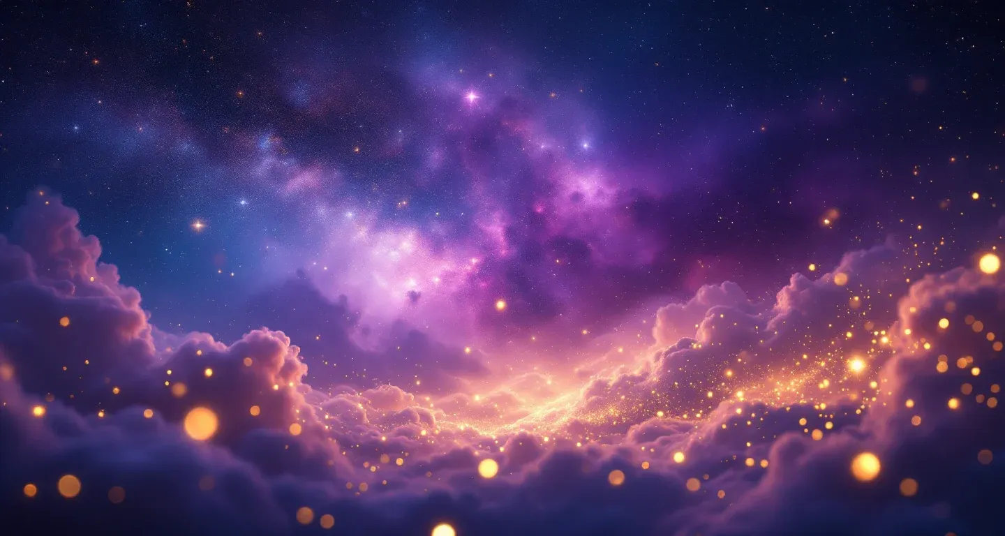 Escena onírica atmosférica con nebulosas morado-magenta y estrellas doradas, que representa el símbolo de ver a la persona a la que le debes dinero en sueños.