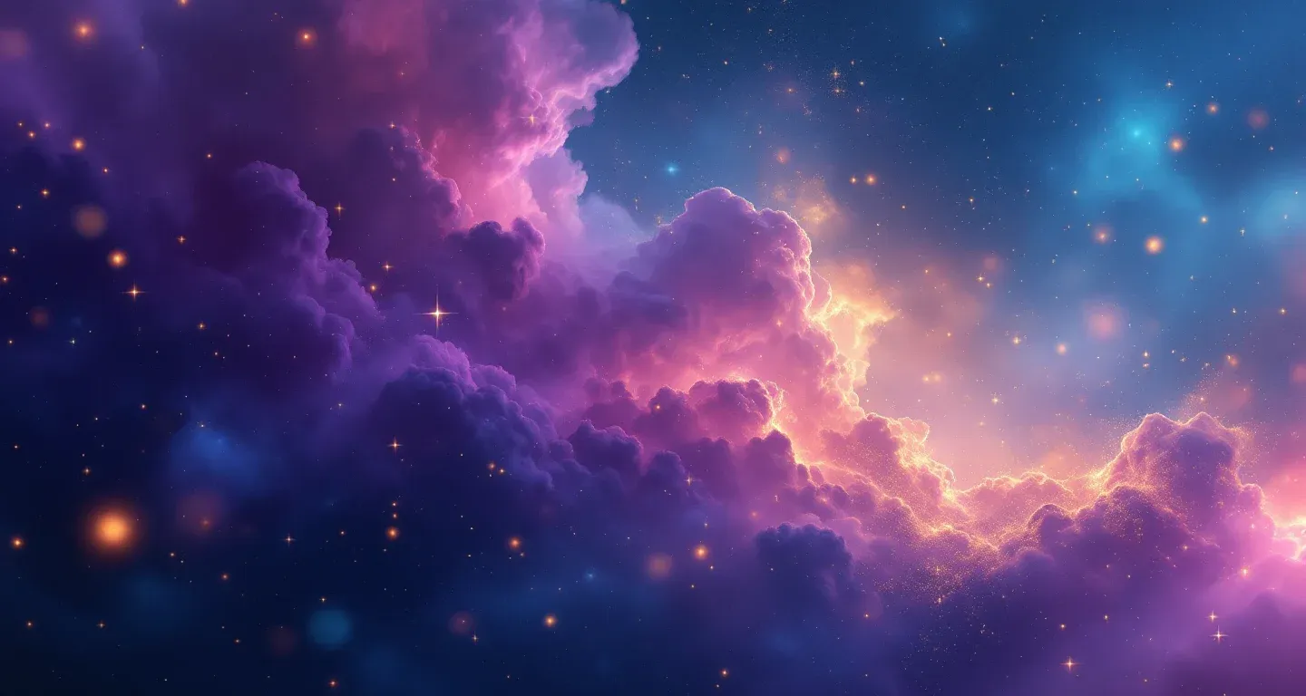 Cena onírica atmosférica com nebulosas roxo-magenta e estrelas douradas, representando o símbolo Conversar com a pessoa a quem você deve em sonho.