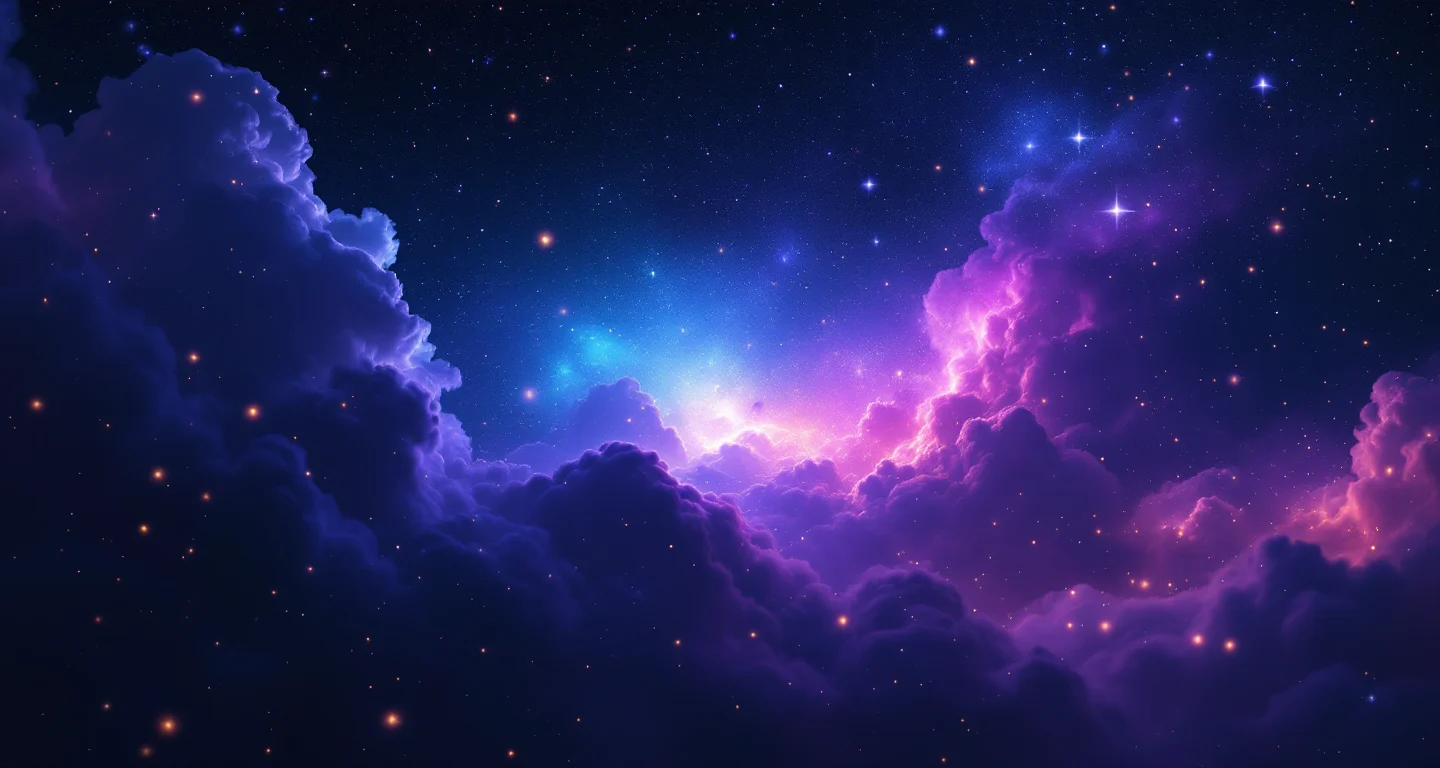 Rüyada Bulaşık Yıkamak sembolünü temsil eden, mor-magenta bulutsu ve altın yıldızlardan oluşan atmosferik rüya sahnesi.