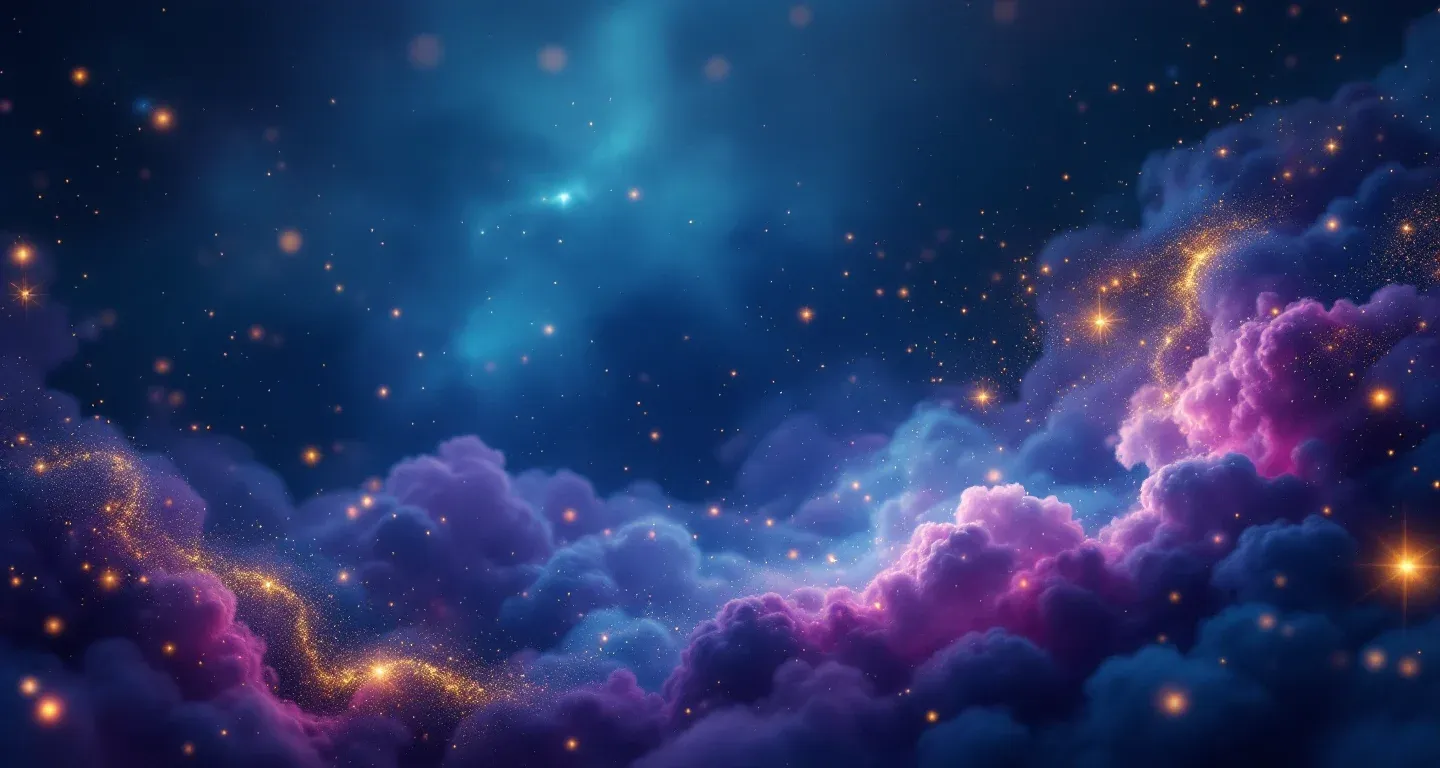Atmosphärische Traumlandschaft aus violett-magenta Nebeln und goldenen Sternen, die das Symbol zu einer Nasenoperation im Traum darstellt.