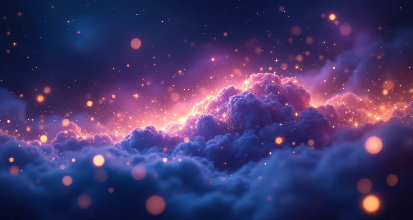Rüyada Büyü Bulmak sembolünü temsil eden, mor-magenta bulutsu ve altın yıldızlardan oluşan atmosferik rüya sahnesi.