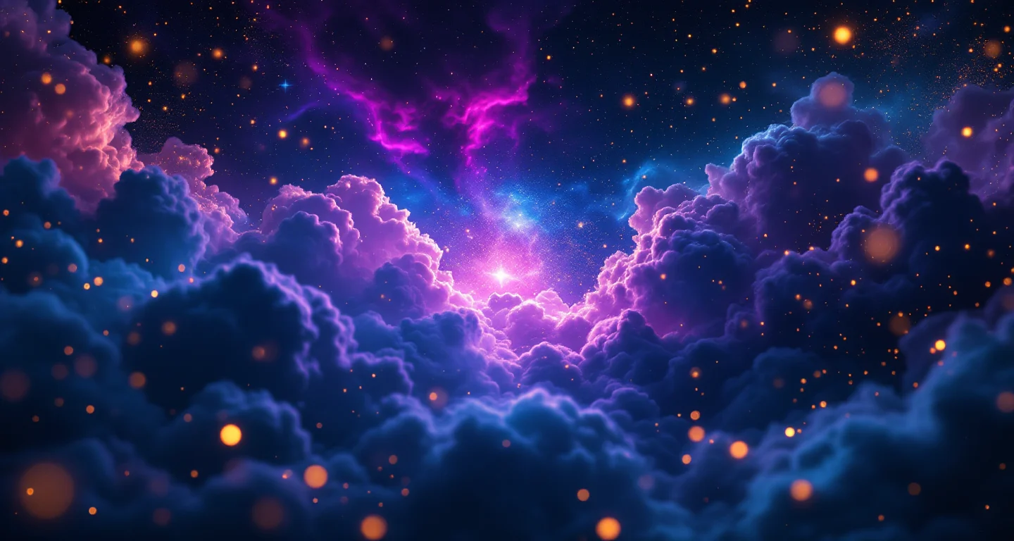 Rüyada Büyük Abdest Yapmak sembolünü temsil eden, mor-magenta bulutsu ve altın yıldızlardan oluşan atmosferik rüya sahnesi.