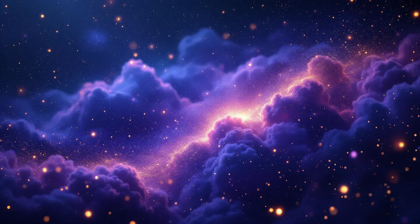 Escena onírica atmosférica formada por una nebulosa morado-magenta y estrellas doradas, que representa el símbolo de ver a una persona mayor en edad como un niño.