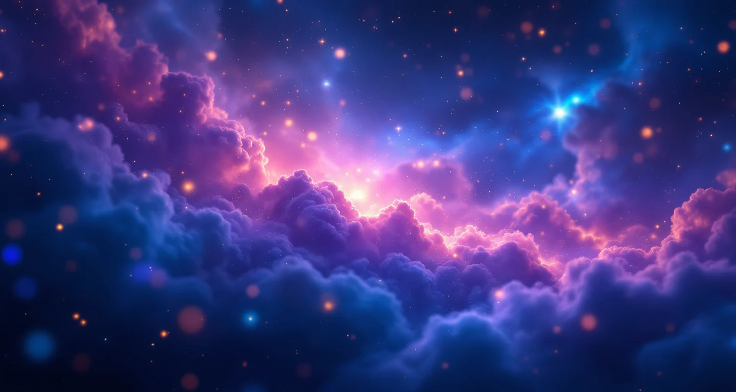 Rüyada Büyük Yılan Görmek sembolünü temsil eden, mor-magenta bulutsu ve altın yıldızlardan oluşan atmosferik rüya sahnesi.