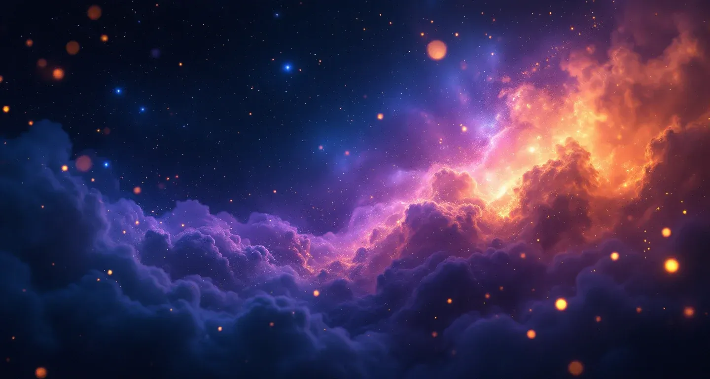 Escena onírica atmosférica con nebulosas morado-magenta y estrellas doradas que representa el símbolo de ver vidrios rotos en un sueño.
