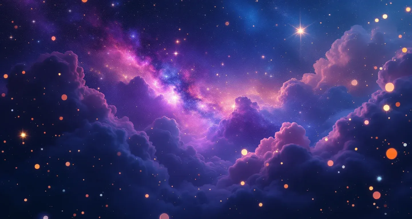 Escena onírica atmosférica con una mezquita representada por una nebulosa morada-magenta y estrellas doradas.
