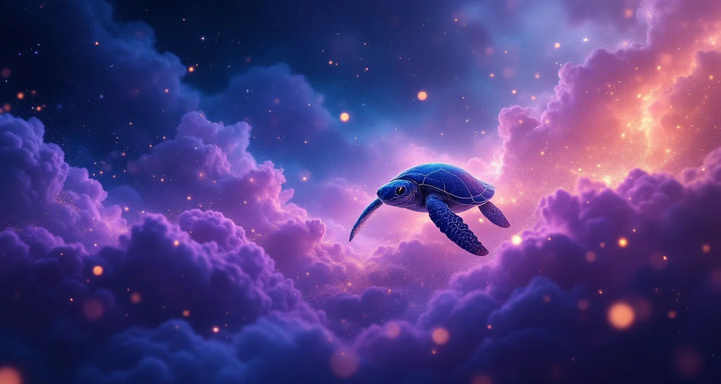 Rüyada Caretta Caretta Görmek sembolünü temsil eden, mor-magenta bulutsu ve altın yıldızlardan oluşan atmosferik rüya sahnesi.