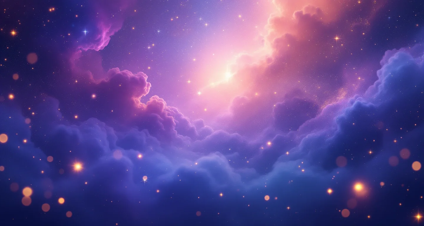 Ruyada Cenini Eline Almak sembolünü temsil eden, mor-magenta bulutsu ve altın yıldızlardan oluşan atmosferik rüya sahnesi.