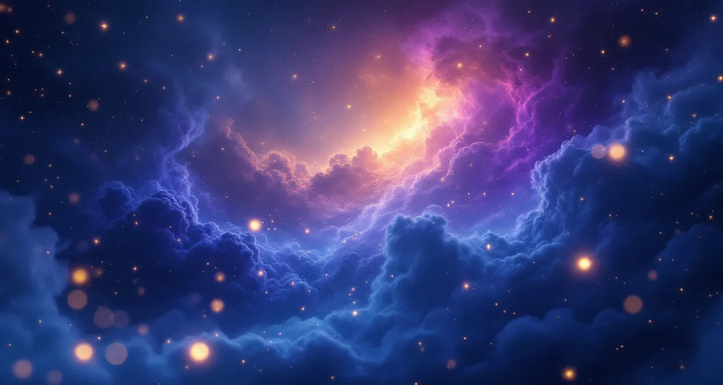 Escena onírica atmosférica con nebulosas morado-magenta y estrellas doradas, que representa el símbolo de recoger nueces en sueños.