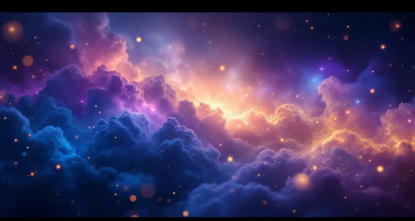 Escena onírica atmosférica, con nebulosa morado-magenta y estrellas doradas, que representa el símbolo de soñar con una moneda de oro de un cuarto.