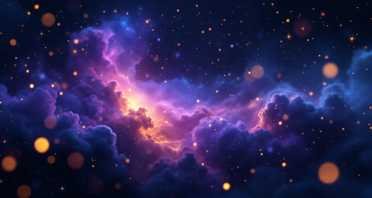 Rüyada Çiçek Görmek sembolünü temsil eden, mor-magenta bulutsu ve altın yıldızlardan oluşan atmosferik rüya sahnesi.
