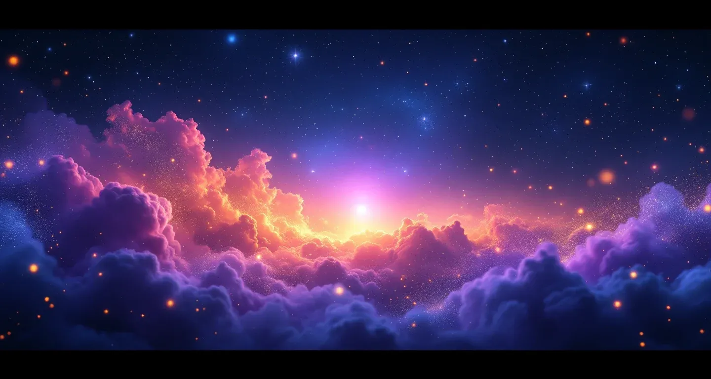 Escena onírica atmosférica con nebulosas morado-magenta y estrellas doradas que representa el símbolo de ver arrancar y plantar flores en un sueño.