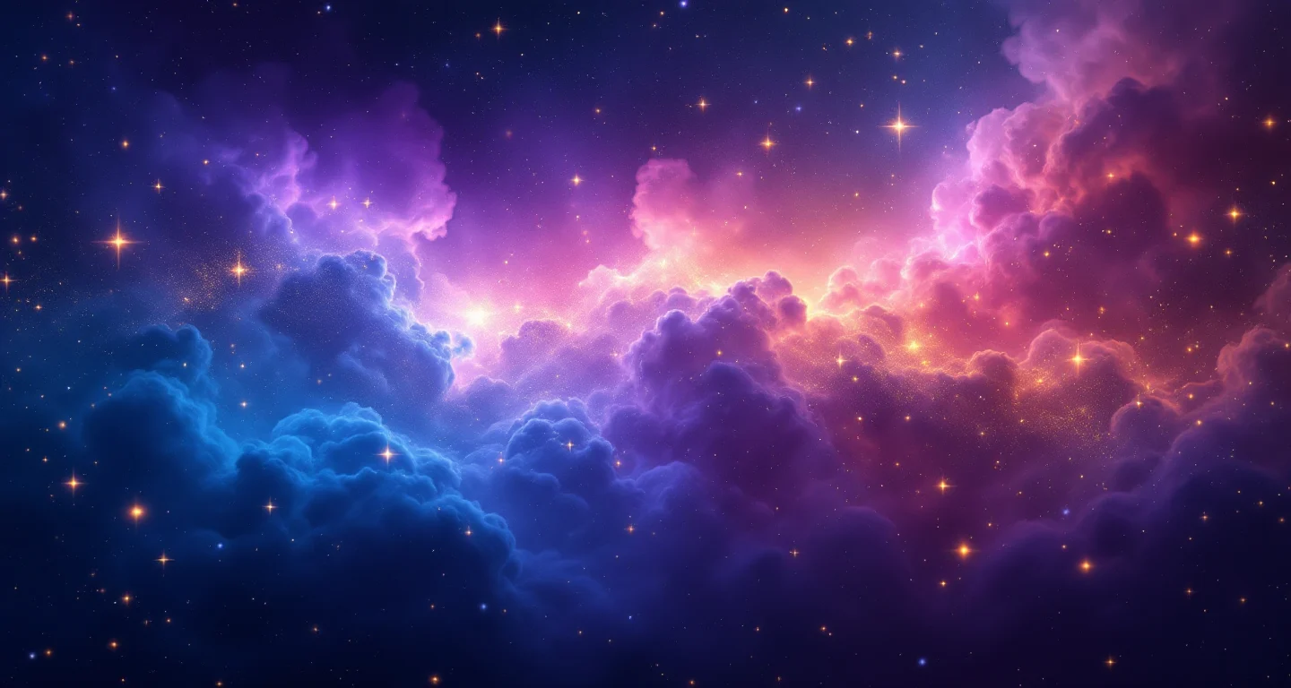 Rüyada Çiftleşen Yılan Görmek sembolünü temsil eden, mor-magenta bulutsu ve altın yıldızlardan oluşan atmosferik rüya sahnesi.