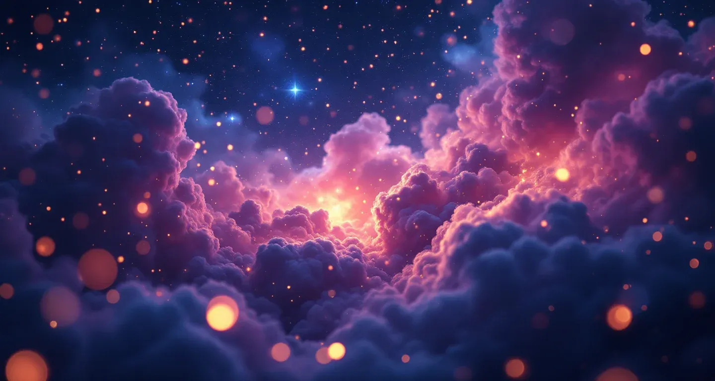 Atmosphärische Traumszene aus violett-magenta Nebeln und goldenen Sternen, die das Symbol Schokolade essen im Traum darstellt.