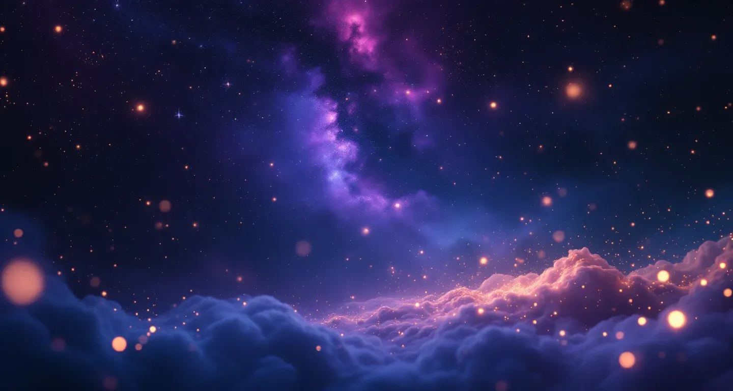 Escena onírica atmosférica con una nebulosa morada-magenta y estrellas doradas, que representa el símbolo de ver un yinn en sueños, pero no sentir miedo.