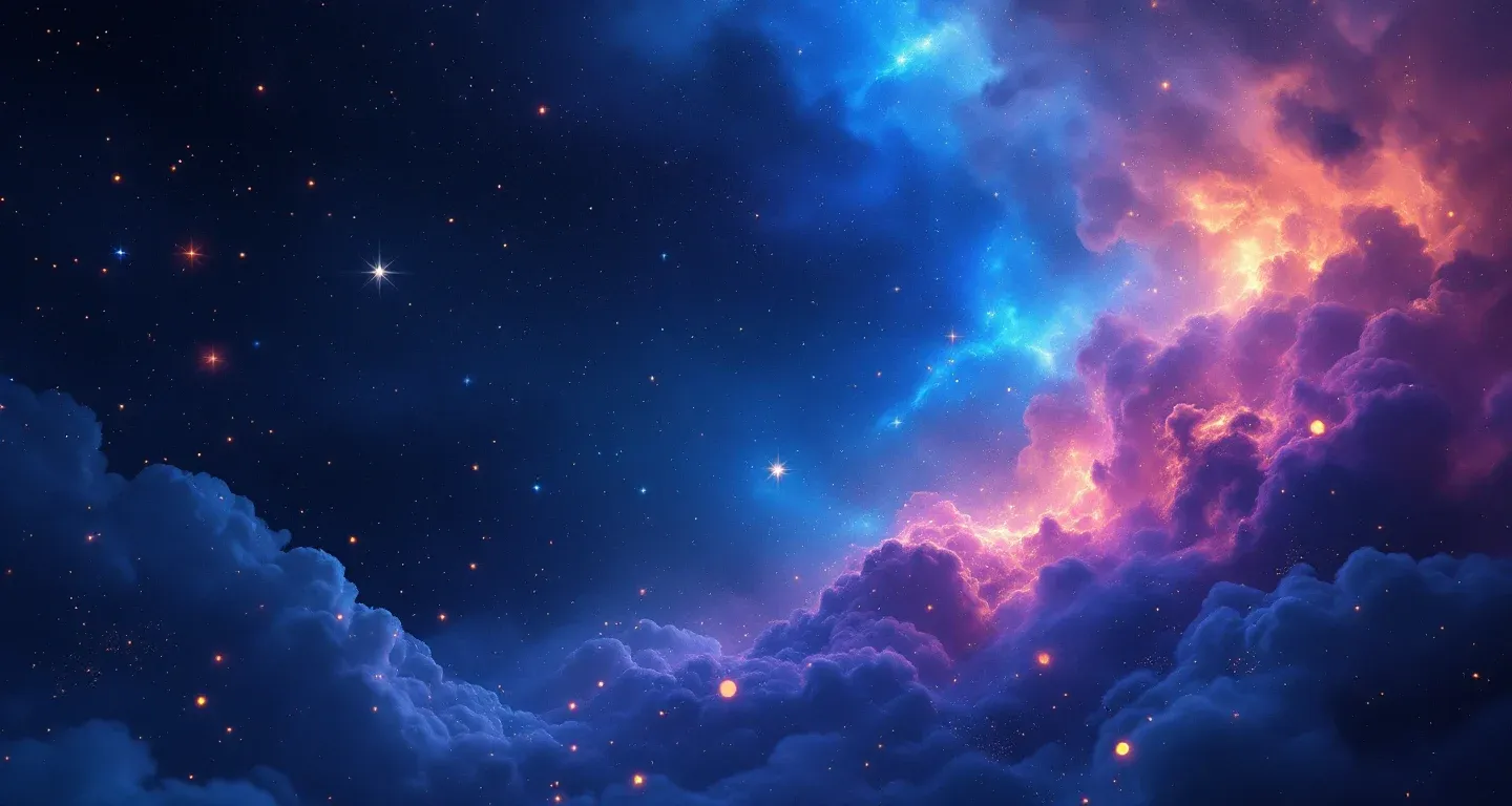 Cena onírica atmosférica com nebulosas roxo-magenta e estrelas douradas, representando o símbolo de sonhar com uma cigana conversando.