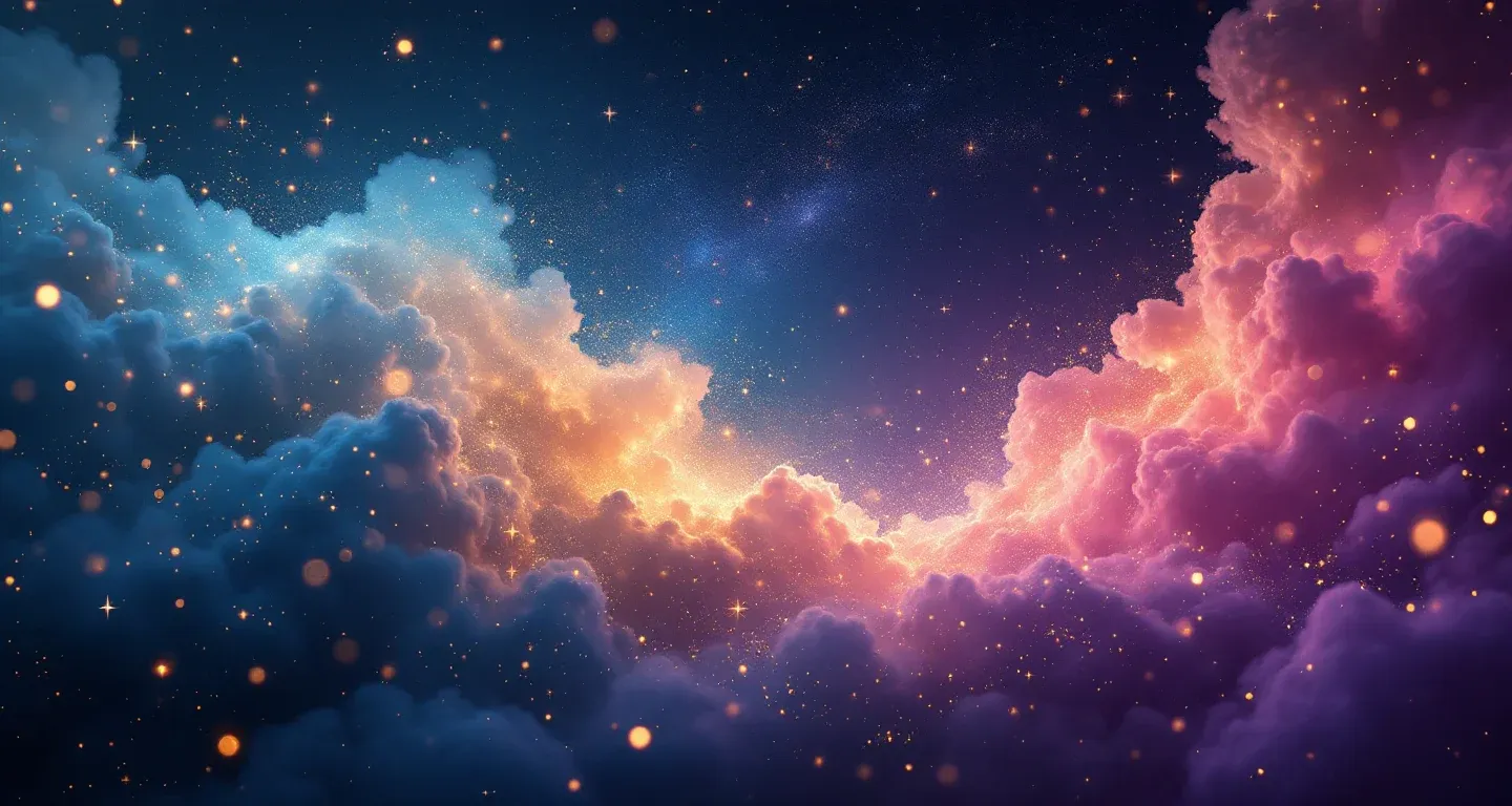 Escena onírica atmosférica con una nebulosa morado-magenta y estrellas doradas que representa el símbolo de soñar que tu hijo cae al mar y salvarlo.