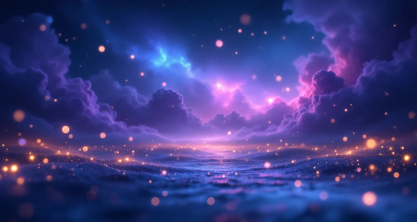 Escena onírica atmosférica con una nebulosa morado-magenta y estrellas doradas que representa el símbolo de ver el mar agitado en sueños.