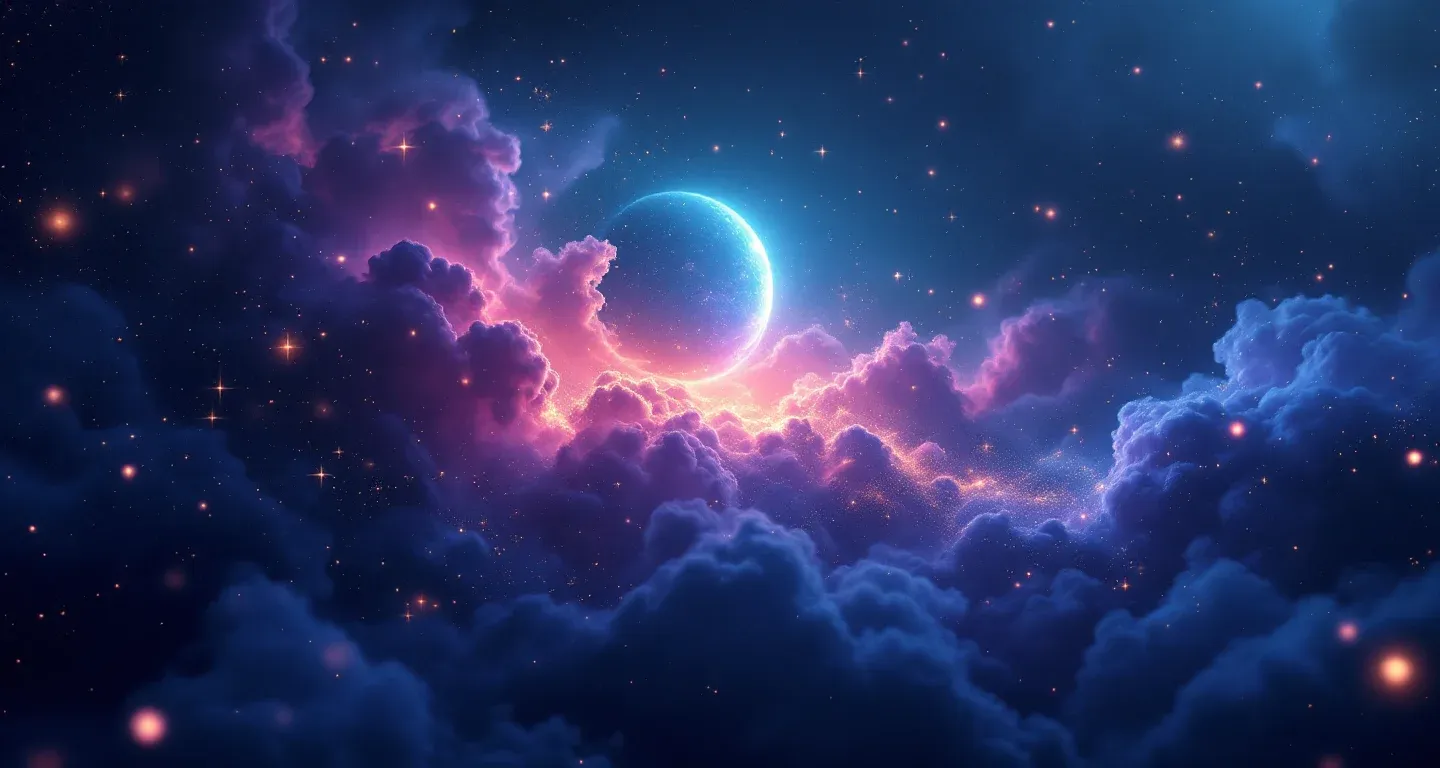Escena onírica atmosférica con nebulosas moradas y magenta y estrellas doradas que representa el símbolo de ver a un tío en sueños.