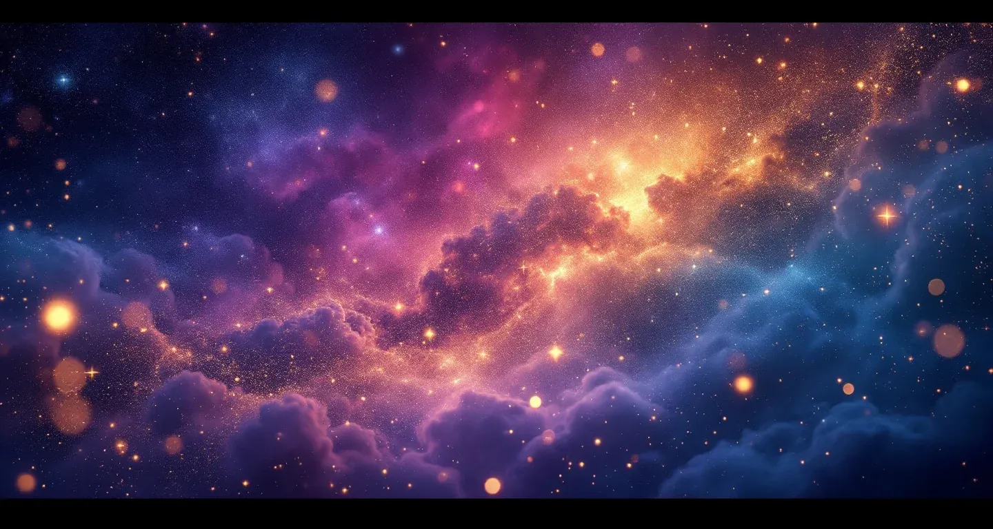 Escena onírica atmosférica de niebla morada-magenta y estrellas doradas que representa el símbolo de estar en la orilla del mar.