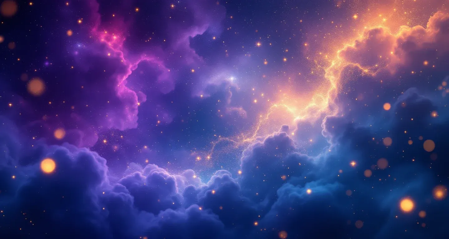 Cena onírica atmosférica com névoa em tons de roxo-magenta e estrelas douradas, representando o símbolo de sonhar com nadar no mar.