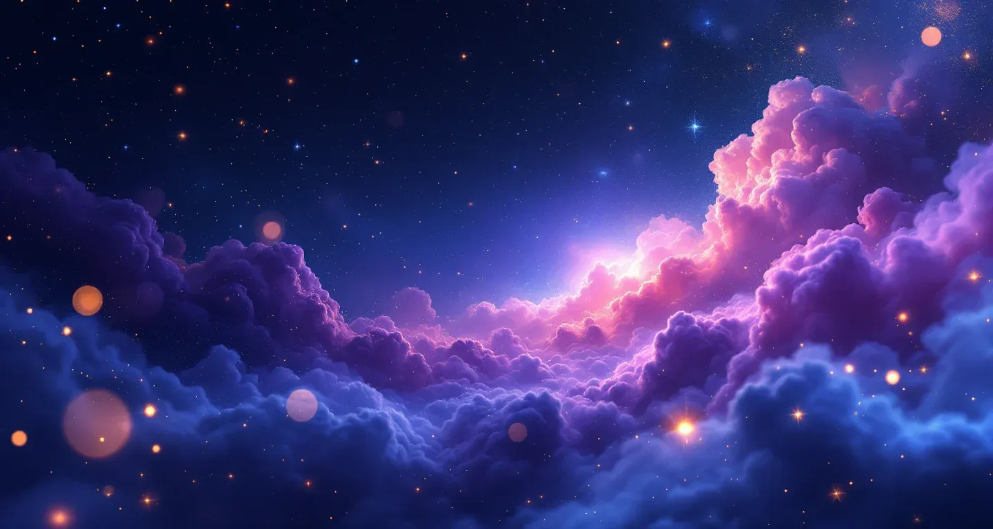 Escena onírica atmosférica con una nebulosa morado-magenta y estrellas doradas, que representa el símbolo de soñar con un terremoto pero sin derrumbes.