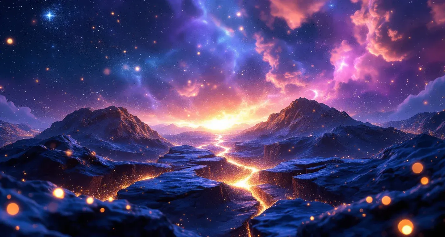 Escena onírica atmosférica con nebulosa morado-magenta y estrellas doradas, que representa el símbolo de ver un terremoto en sueños.