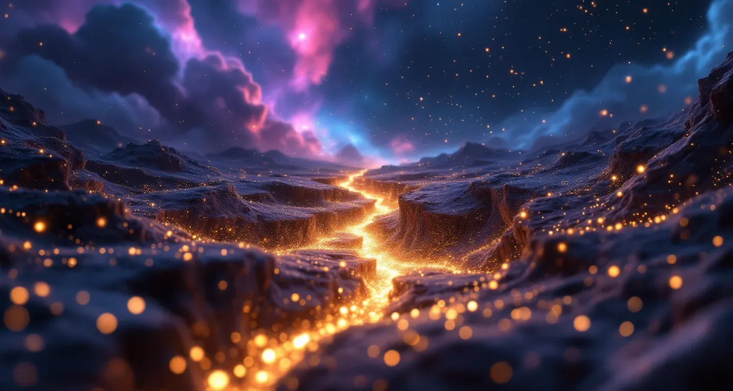 Escena onírica atmosférica con neblina morada y magenta, estrellas doradas y una sensación sísmica que representa el símbolo de soñar con un terremoto.