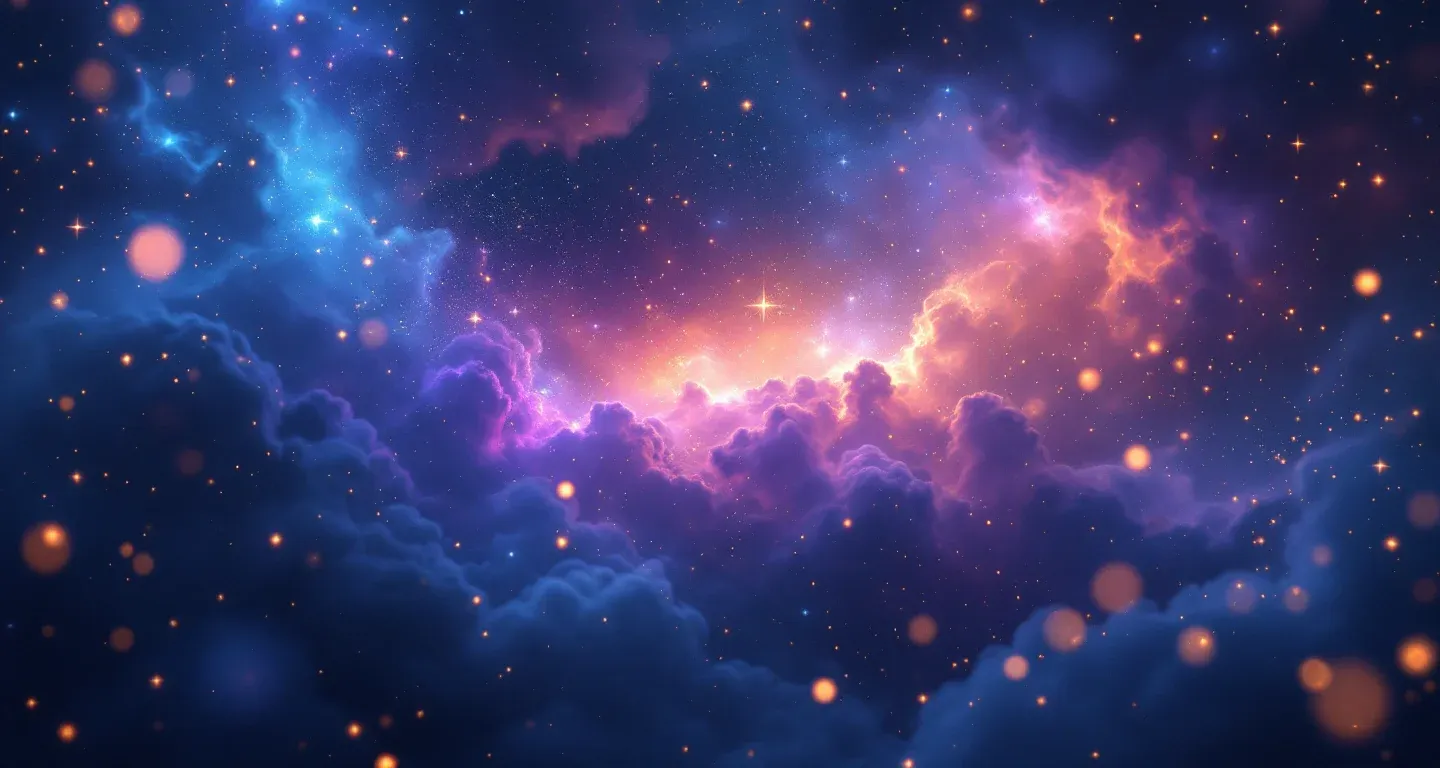 Escena onírica atmosférica con nebulosa morada-magenta y estrellas doradas, que representa el símbolo de ver un terremoto en sueños y salvarte.