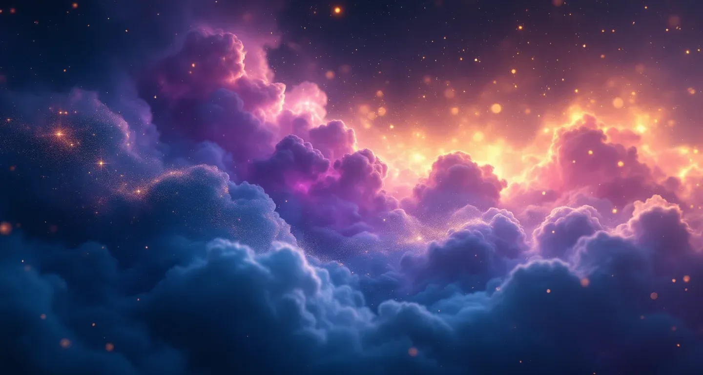 Escena onírica atmosférica con nebulosas moradas y magenta y estrellas doradas que representa el símbolo de ver un hombre gigante en sueños.