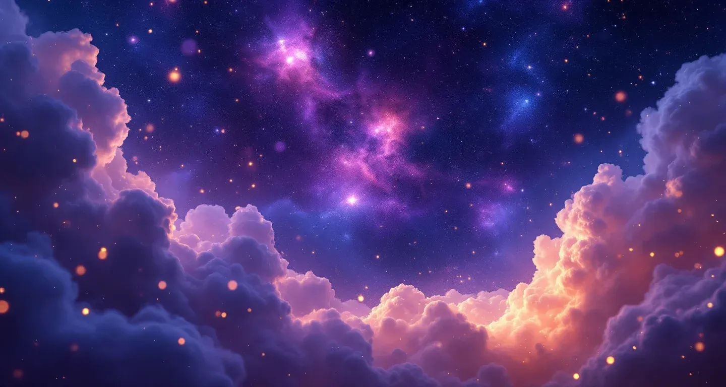 Escena onírica atmosférica con nebulosa morada-magenta y estrellas doradas, que representa el símbolo de Ver un camello en sueños.