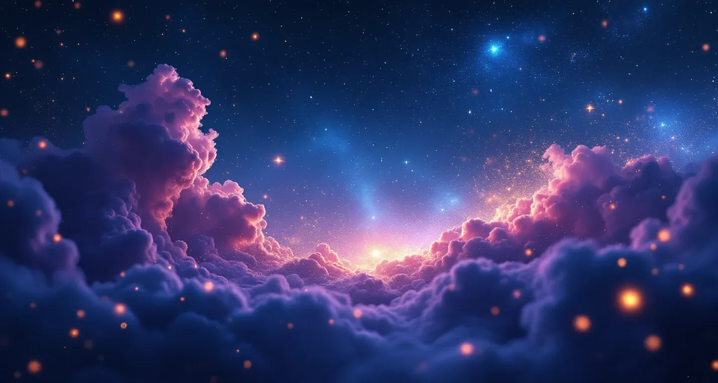 Escena onírica atmosférica, con nebulosa morado-magenta y estrellas doradas, que representa el símbolo de ver una interpretación de sueño religiosa en un sueño.