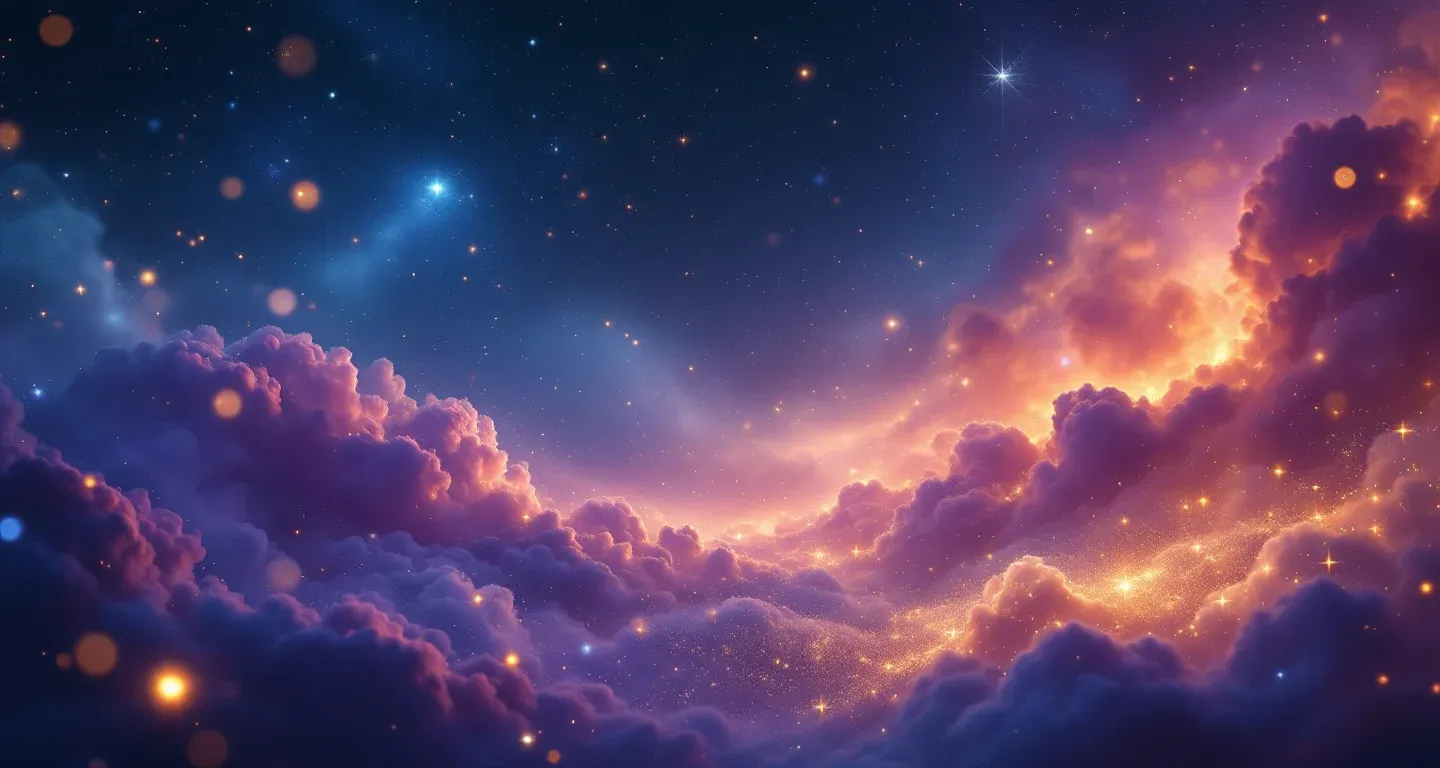 Una escena onírica atmosférica con nebulosas moradas y magenta, y estrellas doradas, que representa el símbolo de hablar con el dentista en sueños.
